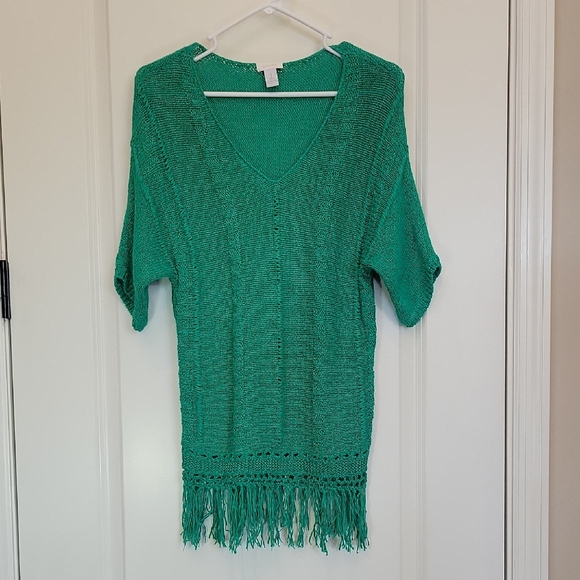 Chico's Sweaters - Women Size 1 Fringed Emerald Knit Top By Chico